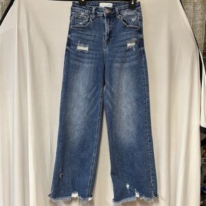 Risen Classic Blue Distressed Wide Leg Jeans